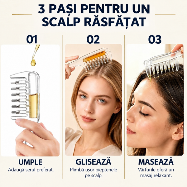 Pieptene pentru Îngrijirea Scalpului 2 în 1, cu Masaj și Aplicare de Ser